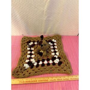 Crochet‎ baby blanket lovey black brown dog 15x15 handmade